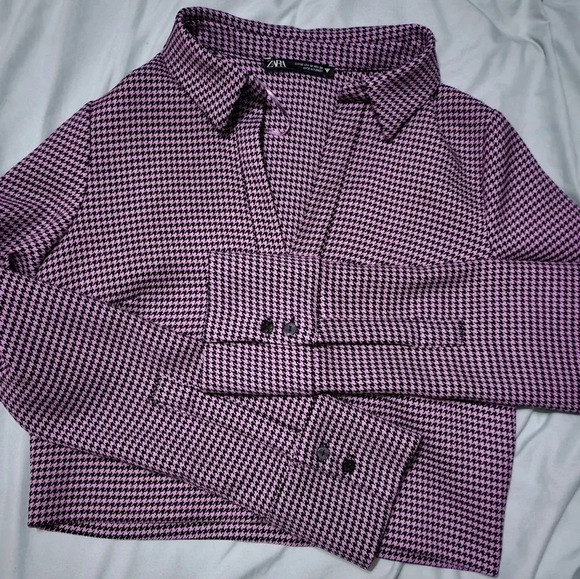 Zara Cropped V-Neck Collared Herringbone Print Top, Black & Pinkish Purple, EUC! - Picture 4 of 7